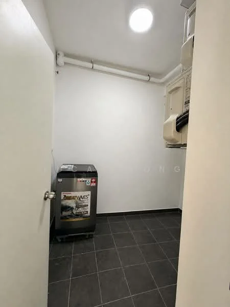 Laundry features: dark grey tile flooring, white painted walls, single-door entry door, washing machine, dryer, ventilation duct, overhead storage shelves, light fixture.