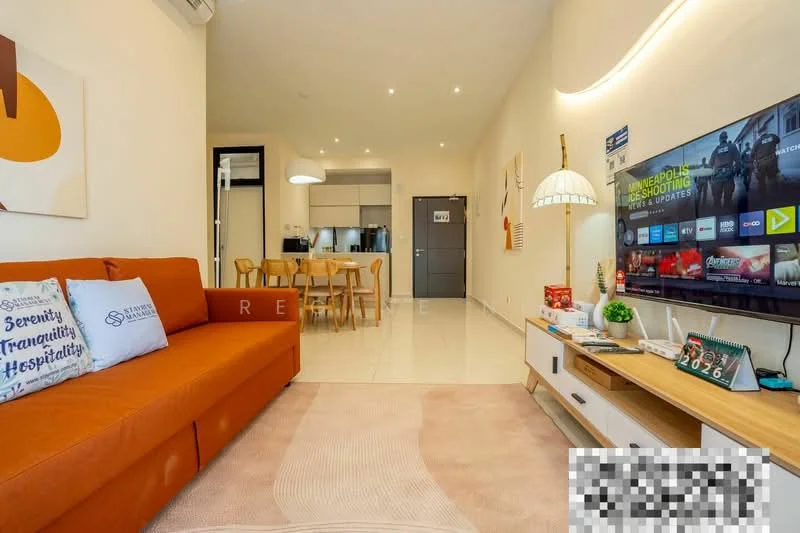 Living features: orange fabric sofa, coffee table, wall-mounted TV, TV console, area rug with geometric pattern, recessed downlights, white painted walls, cream tiled flooring, decorative wall art, floor-to-ceiling windows, dining area visible in background, open-plan layout; style: modern.