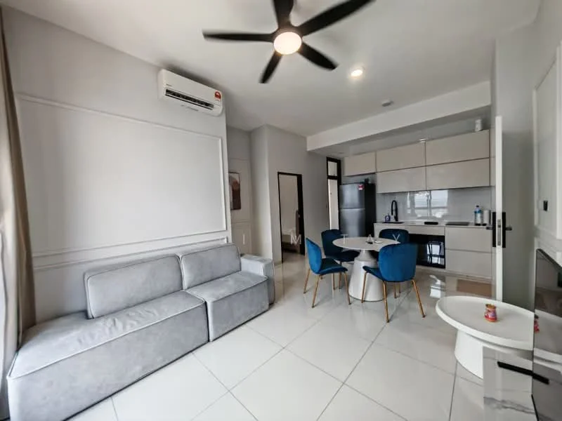 Living features: grey fabric sofa, round dining table, 4 blue upholstered dining chairs, white coffee table, wall-mounted split AC, recessed downlights, white painted walls, glossy white tile flooring, kitchenette with cabinets, black fridge, sink, countertop, kitchen appliances visible; style: modern.