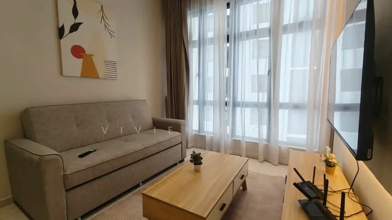 Living features: grey fabric 3-seater sofa, wood coffee table, wall-mounted TV, floor-to-ceiling windows, sheer curtains, decorative wall art, light-colored walls, tile flooring; style: modern.