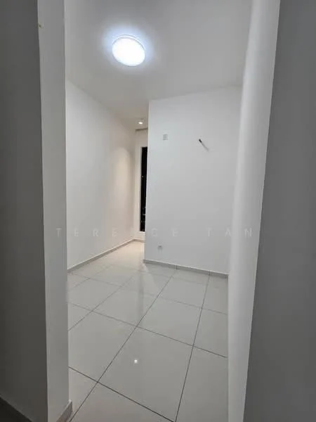 Room features: white painted walls, glossy ceramic tile flooring, recessed ceiling light, single light fixture, no visible furniture, neutral color scheme, open space layout, minimalist design; style: modern.
