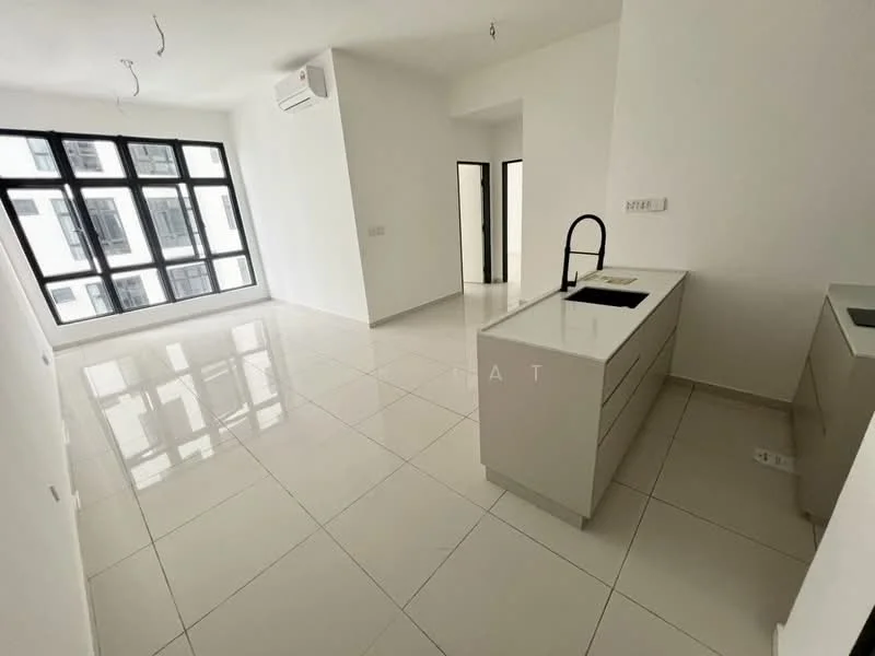 Kitchen features: white cabinetry, marble countertop, single-bowl stainless-steel sink, black gooseneck faucet, built-in oven, ceramic tile flooring, recessed downlights, floor-to-ceiling windows, air conditioning unit; style: modern. Living features: ceramic tile flooring, floor-to-ceiling windows, recessed downlights, white painted walls, air conditioning unit; style: modern.