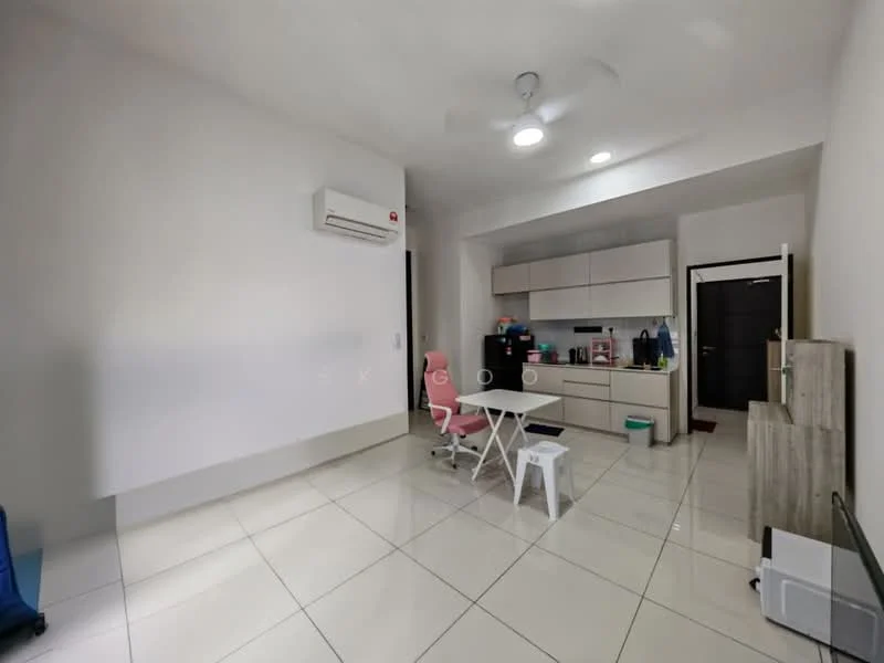 Room features: white painted walls, glossy tile flooring, ceiling fan, wall-mounted split AC, built-in cabinetry, countertop, refrigerator, table with chairs, doorway, light fixtures; style: modern.
