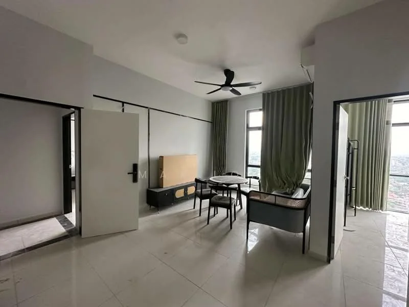 Living features: white painted walls, tile flooring, 5-blade ceiling fan, floor-to-ceiling windows, green curtains, dining table with chairs, sofa, wall-mounted TV, decorative wall panel, open layout; style: modern; view: city. Room features: white painted walls, tile flooring, doorway leading to another room.