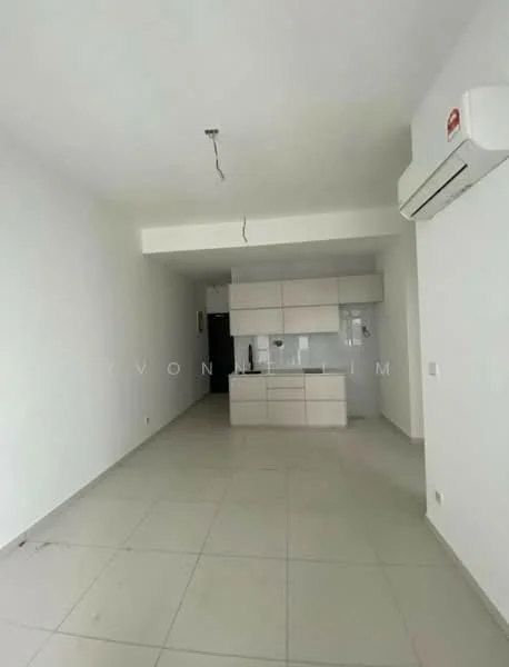Living features: white painted walls, tile flooring, ceiling with exposed beams, 1 wall-mounted split AC, kitchen cabinetry in light color, kitchen countertop, open layout, no visible appliances, no visible furniture; style: modern.
