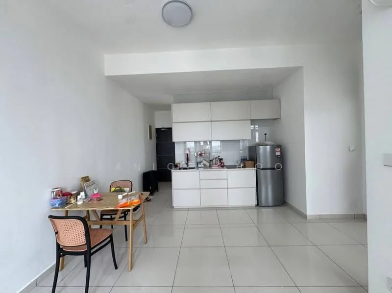 Kitchen features: white cabinetry, stainless-steel fridge, built-in oven, ceramic tile flooring, white walls, recessed downlights, kitchen island, dining table with chairs, countertop with backsplash; style: modern.