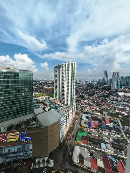Exterior type: high-rise condominium; features: glass curtain wall, approximately 20-storey high-rise, surrounded by urban landscape, commercial building at base, city skyline in background, manicured landscaping, adjacent to residential area; style: modern.