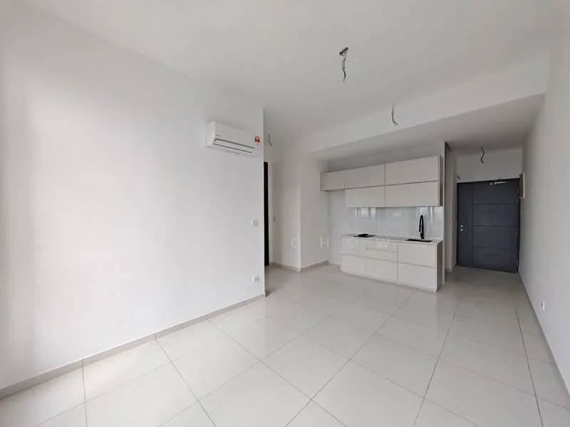 Living features: white painted walls, tile flooring, 1 wall-mounted split AC, kitchenette with white cabinetry, built-in countertop, stainless-steel sink, single-bowl stainless-steel sink, black faucet, open layout, recessed downlights, sliding door, door to hallway; style: modern.