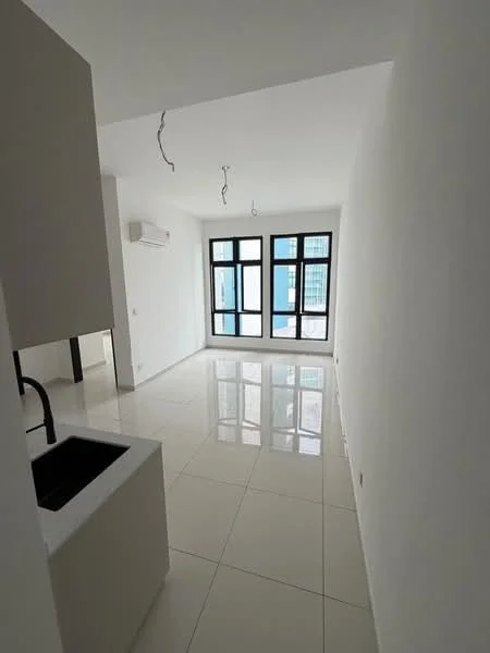 Living features: white painted walls, glossy tile flooring, floor-to-ceiling windows, air conditioning unit, ceiling lights, open layout, kitchenette with sink, natural light from windows; style: modern; view: city.