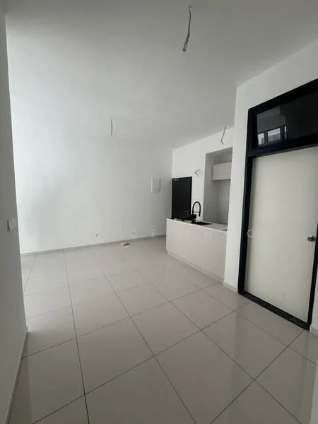 Living features: white painted walls, glossy ceramic tile flooring, recessed downlights, kitchen island with sink, black faucet, built-in cabinetry, floor-to-ceiling windows, open layout; style: modern.