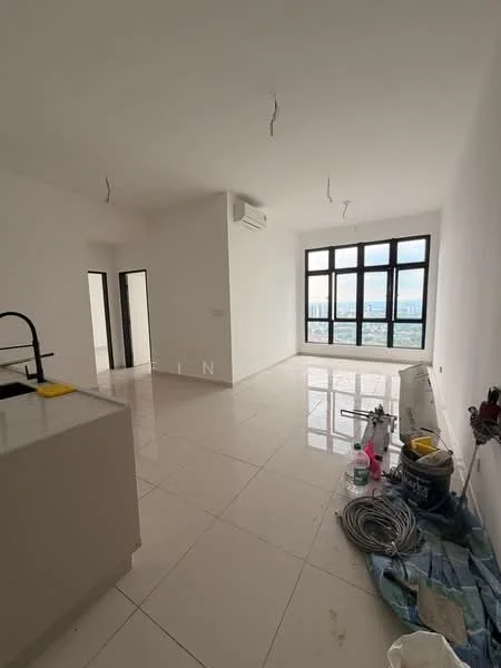 Living features: white painted walls, polished ceramic tile flooring, floor-to-ceiling windows, city view, 1 wall-mounted split AC, recessed downlights, open layout, unfinished space with construction materials; style: modern; view: city. Kitchen features: kitchen island, stainless-steel sink, modern cabinetry, unfinished space with construction materials; style: modern.