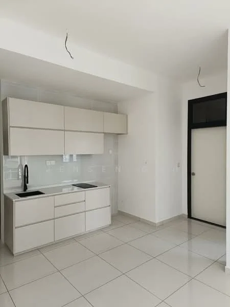 Kitchen features: white flat-panel cabinets, black countertop, single-bowl stainless-steel sink, chrome pull-down faucet, ceramic tile flooring, white tiled backsplash, wall-mounted cabinets, open layout, recessed lighting, neutral wall color; style: modern.
