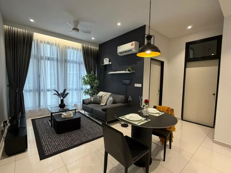 Living features: 3-seater fabric sofa in grey, black coffee table, area rug with geometric pattern, wall-mounted TV, ceiling fan with light, floor-to-ceiling windows with sheer curtains, black accent wall, decorative wall shelf, indoor plant in ceramic pot, recessed downlights, white painted walls, white tiled flooring; style: modern. Dining features: round dining table, black dining chairs, set table with plates and cutlery, pendant lamp above table; style: modern.