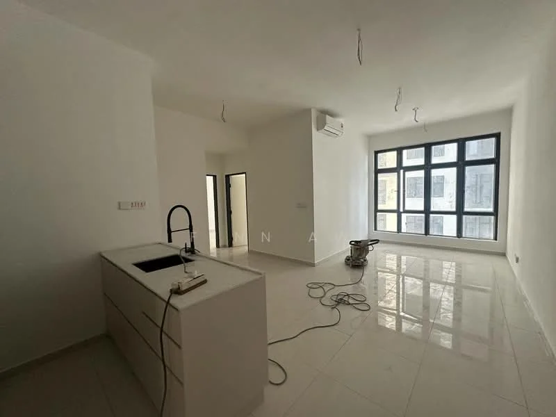 Living features: white painted walls, glossy ceramic tile flooring, floor-to-ceiling windows, air conditioning unit, kitchen island with sink, modern faucet, unfinished space with construction tools, multiple light fixtures hanging from ceiling; style: modern.