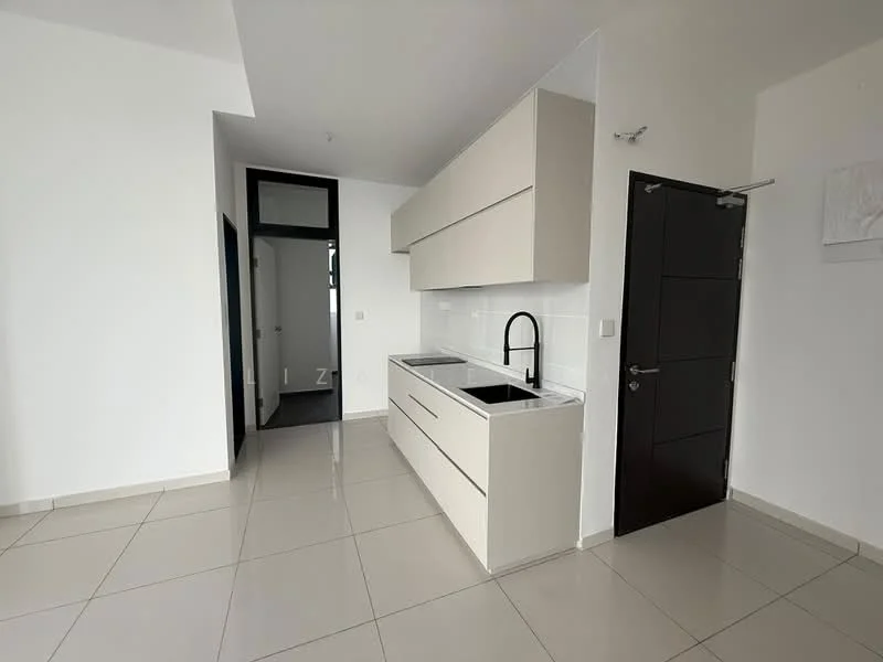 Kitchen features: white painted walls, light grey cabinetry, marble countertop, single-bowl stainless-steel sink, black gooseneck faucet, ceramic tile flooring, recessed downlights, open shelving, built-in cabinets; style: modern. Room features: white painted walls, ceramic tile flooring, door to hallway.