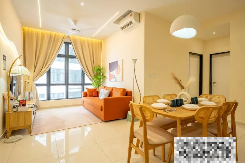 Living features: 3-seater orange fabric sofa, wooden coffee table, TV console, wall-mounted TV, floor-to-ceiling windows, sheer curtains, 5-blade ceiling fan with light, recessed downlights, cream painted walls, tile flooring; style: modern; view: city. Dining features: 6-seater wooden dining table, wooden dining chairs, decorative vase, table setting with plates and cutlery; style: modern.