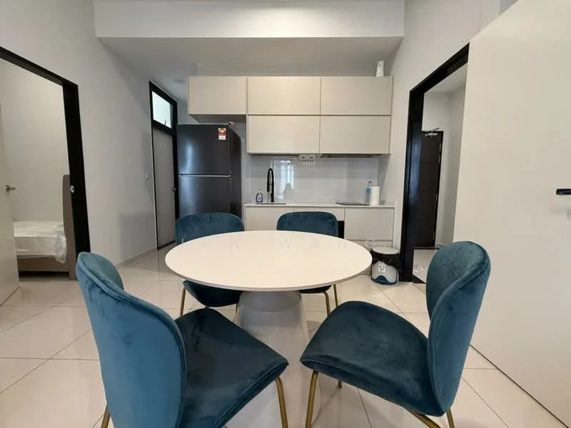 Dining features: round dining table, 4 upholstered dining chairs in teal, white tabletop, ceramic tile flooring, white kitchen cabinetry, stainless-steel fridge, built-in oven, black faucet, white backsplash, open layout to kitchen, wall-mounted kitchen appliances, light-colored walls; style: modern. Room features: doorway to bedroom, doorway to kitchen.