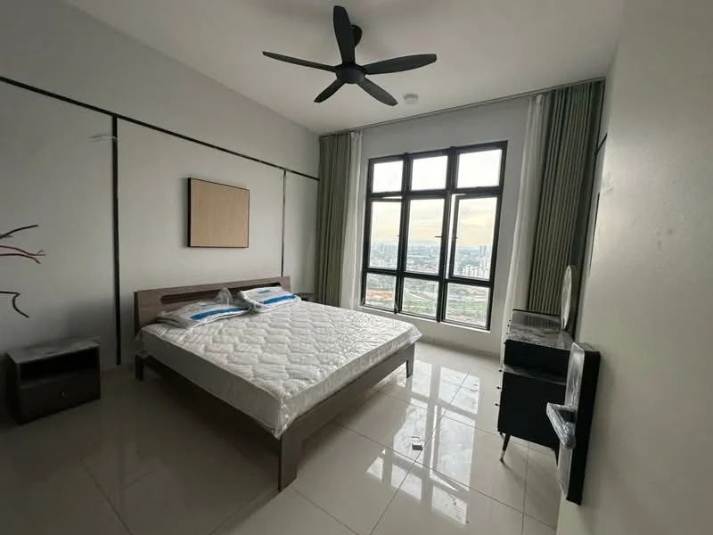 Bedroom features: king-size bed, upholstered headboard, 2 bedside tables, floor-to-ceiling windows, curtains, ceiling fan with light, white painted walls, glossy tile flooring, decorative wall art; style: modern; view: city.