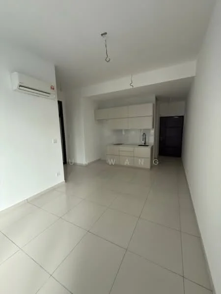 Room features: white painted walls, glossy tile flooring, 1 wall-mounted split AC, kitchen cabinetry with flat-panel design, kitchen countertop, open layout, recessed ceiling lights, no visible appliances; style: modern.