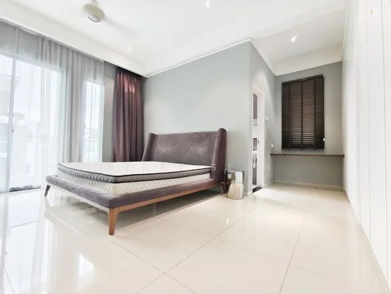 Bedroom features: queen-size bed frame without mattress, grey accent wall, white painted walls, floor-to-ceiling windows, sheer curtains, dark wooden window blinds, polished ceramic tile flooring, recessed downlights, ceiling fan; style: modern.