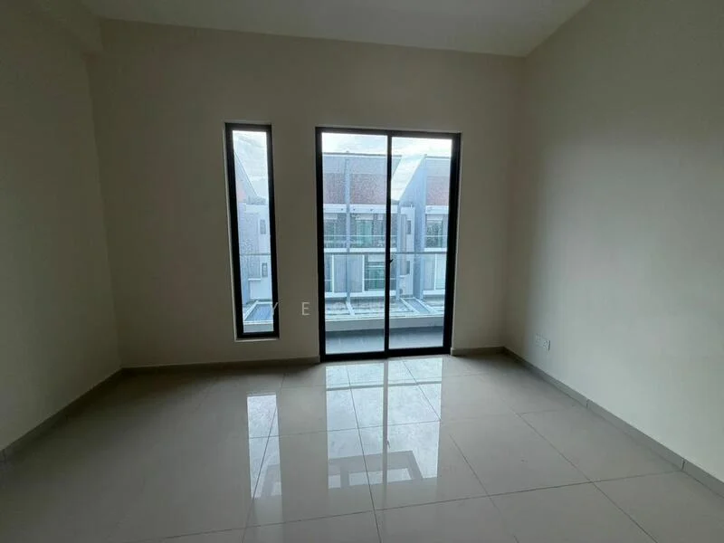 Room features: large sliding glass door, two narrow windows, cream painted walls, grey tiled flooring, natural light from windows, minimalist design, open space, no visible furniture; style: modern; view: courtyard.