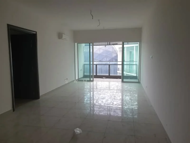 Living features: white painted walls, polished marble flooring, floor-to-ceiling windows, sliding glass door, balcony access, 1 wall-mounted split AC, recessed downlights, neutral color scheme; style: modern; view: city.