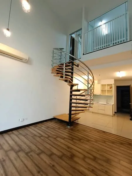 Living features: spiral staircase with metal railing, wooden treads on staircase, wall-mounted air conditioning unit, recessed ceiling lights, high ceiling, laminate flooring in wood finish, open layout to kitchen, large windows for natural light; style: modern. Kitchen features: white cabinetry, countertop with integrated sink, built-in oven, stainless-steel appliances, open layout to living area; style: modern.