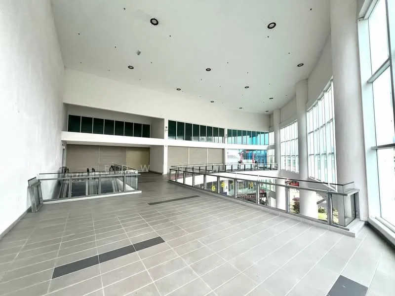 Room features: white painted walls, large floor-to-ceiling windows, grey tiled flooring, high ceiling, open layout, glass railing, natural light, multiple entry points; style: modern; view: city.