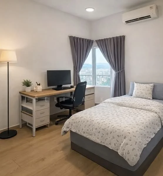 Bedroom features: queen-size bed with grey bedding, light wood bed frame, study desk with wooden top, black office chair, floor lamp, wall-mounted air conditioning unit, curtains on window, wooden flooring, white painted walls, decorative plant on desk, computer monitor on desk; style: modern; view: city.