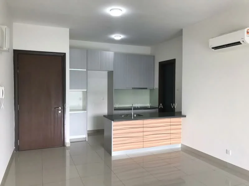 Kitchen features: grey cabinetry, wooden cabinetry, black countertop, stainless-steel sink, built-in kitchen appliances, open layout, wall-mounted split AC, tile flooring, recessed downlights; style: modern.