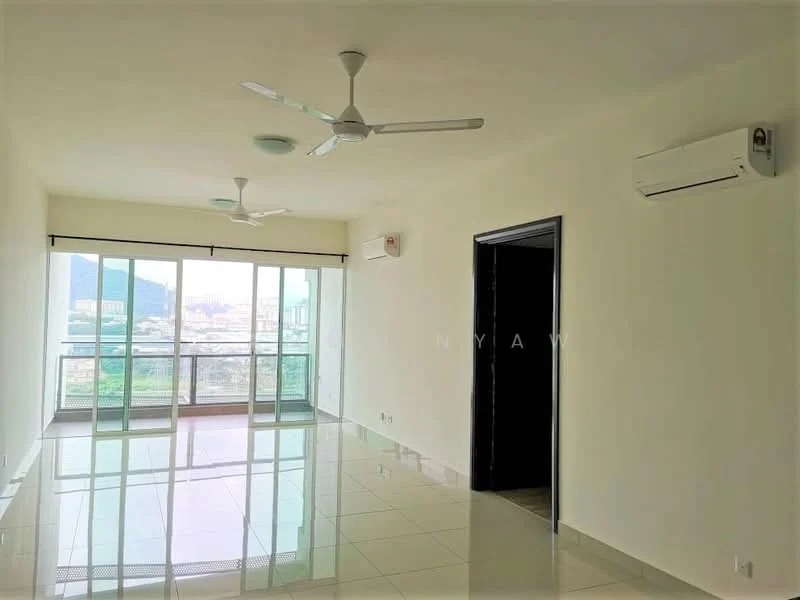 Living features: white painted walls, glossy ceramic tile flooring, 2 ceiling fans, 2 wall-mounted split AC units, floor-to-ceiling windows, sliding glass door, city view, natural light, neutral color scheme; style: modern; view: city.