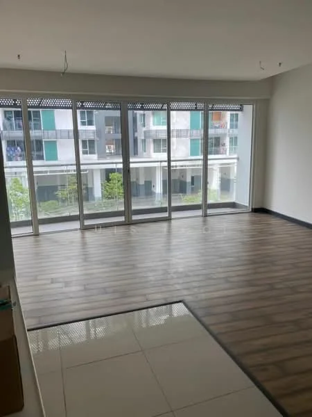 Living features: large floor-to-ceiling windows, wooden flooring, white painted walls, recessed downlights, open layout, view of outdoor area, sliding glass door, air conditioning unit; style: modern; view: garden.