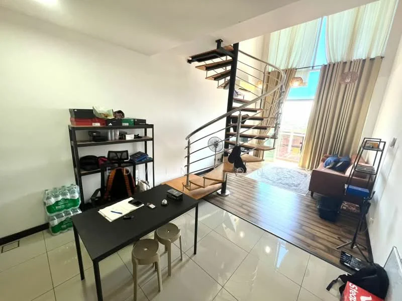 Living features: spiral staircase, large windows with sheer curtains, wooden flooring, white painted walls, ceiling fan, area rug, sofa, coffee table, open shelving unit, desk with two stools, bottled water storage; style: modern; view: city.