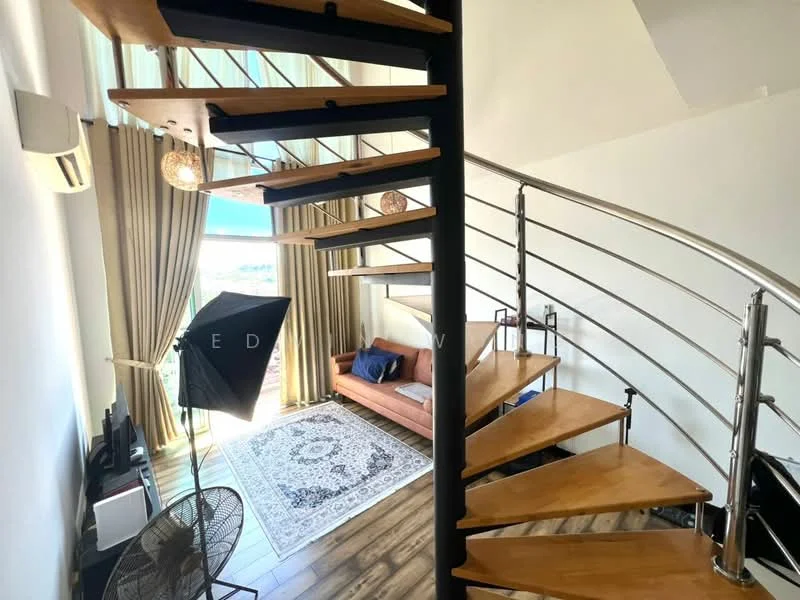 Living features: spiral staircase with wooden steps, metal railing, large windows with city view, curtains in beige, sofa in orange, area rug with geometric pattern, TV console, wall-mounted TV, ceiling fan, decorative light fixtures, wooden flooring, wall-mounted shelves; style: modern; view: city.
