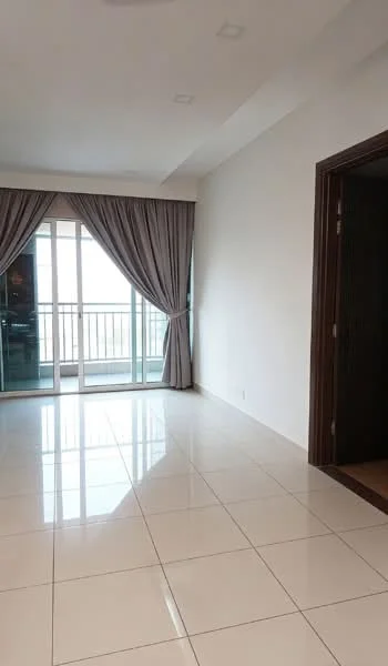 Living features: white painted walls, glossy ceramic tile flooring, floor-to-ceiling sliding glass door, curtains in grey fabric, recessed downlights, open layout, balcony access, neutral color palette; style: modern; view: city.