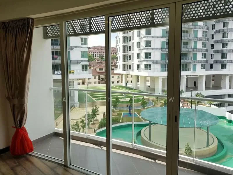 Room features: floor-to-ceiling sliding glass doors, curtains, grey tiled flooring, balcony view, greenery visible outside, swimming pool visible outside, landscaped garden visible outside; style: modern; view: garden.