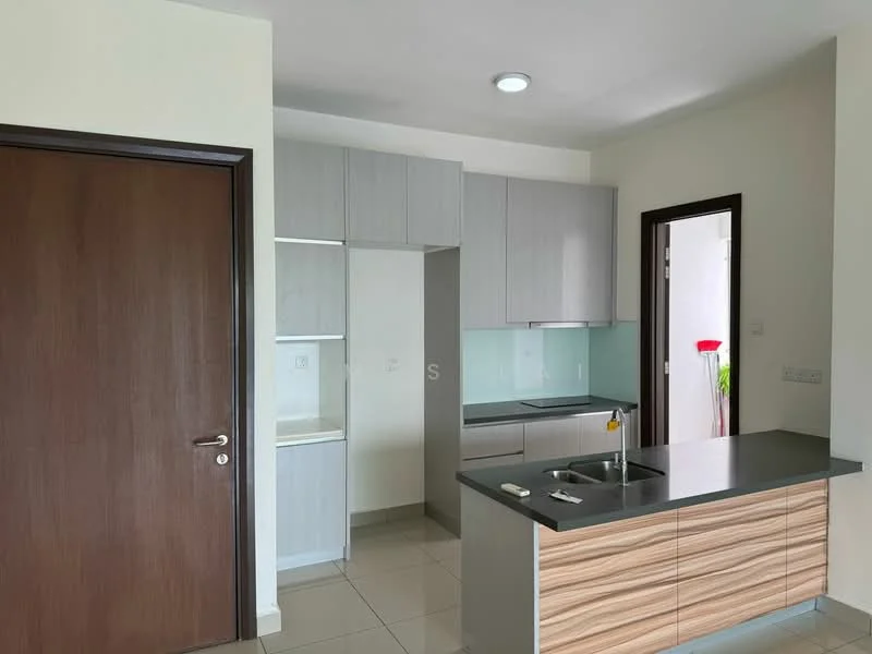 Kitchen features: grey cabinetry, wooden cabinetry with horizontal grain, black countertop, single-bowl stainless-steel sink, chrome pull-down faucet, glass backsplash, built-in shelves, recessed downlights, tile flooring, open layout, wall-mounted cabinets, door leading to another room; style: modern.