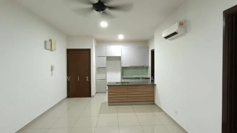 Kitchen features: white painted walls, tile flooring, ceiling fan, recessed downlights, kitchen island with wooden cabinetry, stainless-steel fridge, built-in oven, white upper cabinets, grey countertop, wall-mounted split AC; style: modern. Living features: white painted walls, tile flooring, ceiling fan, recessed downlights, wall-mounted split AC; style: modern.
