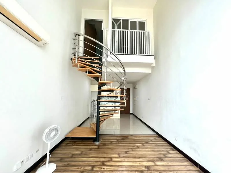 Room features: spiral staircase with wooden steps, metal railing, white painted walls, laminate flooring in wood pattern, large window with balcony access, air conditioning unit, ceiling fan, high ceiling; style: modern.