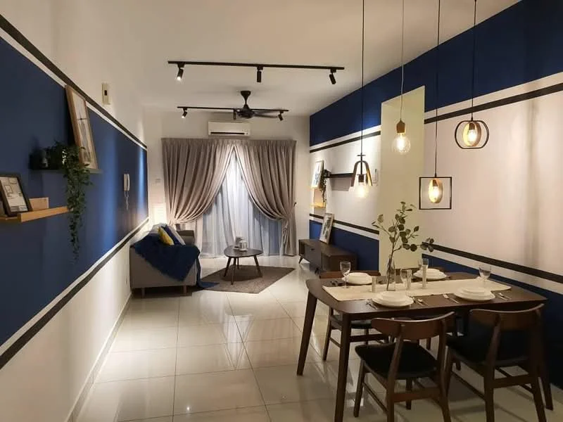 Dining features: dining table with 4 chairs, white plates and cutlery set on table, pendant lighting above table, grey area rug, wall-mounted shelves with decor, blue accent wall, white walls with horizontal stripes, floor-to-ceiling curtains, sliding glass door, ceiling-mounted track lighting, sofa in grey fabric, decorative plant on table; style: modern.