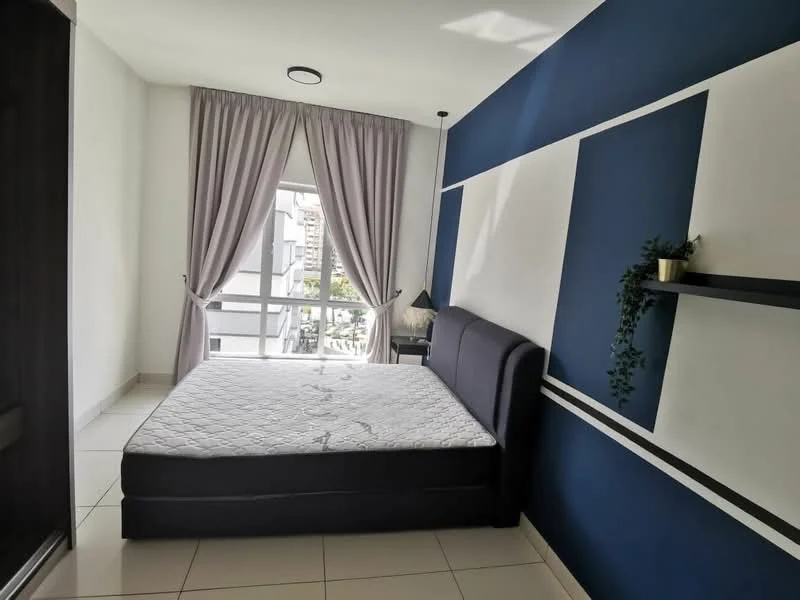 Bedroom features: queen-size bed, upholstered headboard, floor-to-ceiling window, sheer curtains, blue accent wall, white painted walls, recessed ceiling light, tile flooring, decorative shelf, houseplant in ceramic pot; style: modern; view: city.
