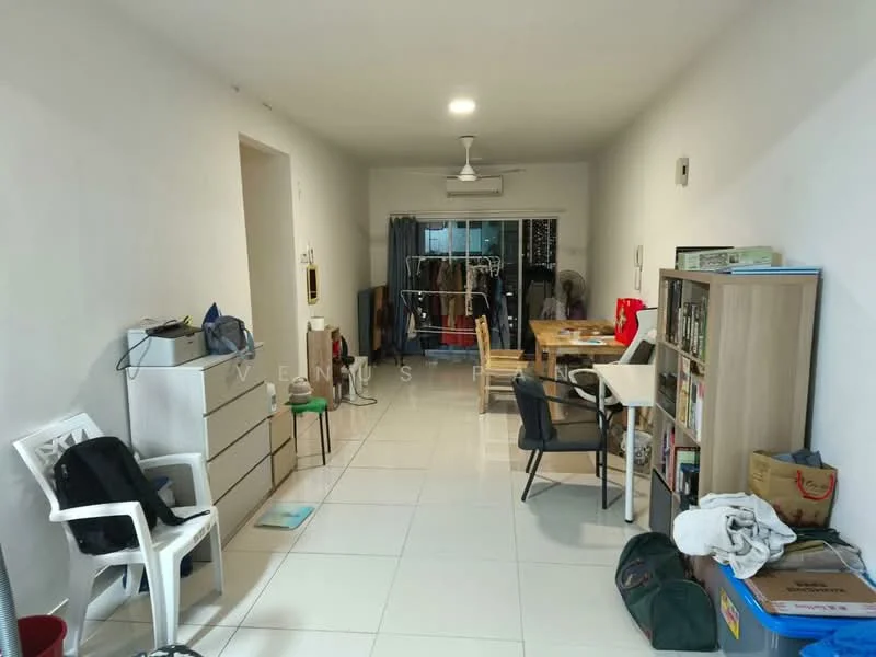 Room features: white painted walls, tile flooring, ceiling fan, dining table with chairs, wooden shelving unit, plastic outdoor chair, clothes rack, storage boxes, open space layout; style: modern.