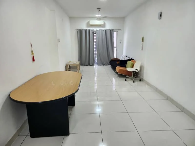 Living features: white painted walls, glossy ceramic tile flooring, recessed ceiling lights, large window with sheer curtains, air conditioning unit, wooden dining table, 2-seater fabric sofa in brown, armchair with cushion, neutral color decor; style: modern.