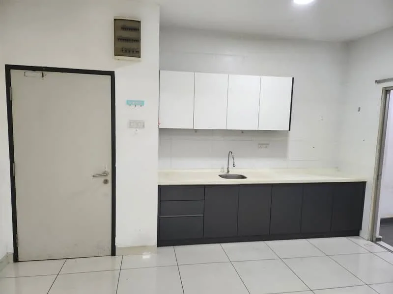 Kitchen features: white upper cabinets, black lower cabinets, single-bowl stainless-steel sink, chrome pull-down faucet, white countertop, ceramic tile flooring, white tiled walls, recessed downlights, door to hallway; style: modern.