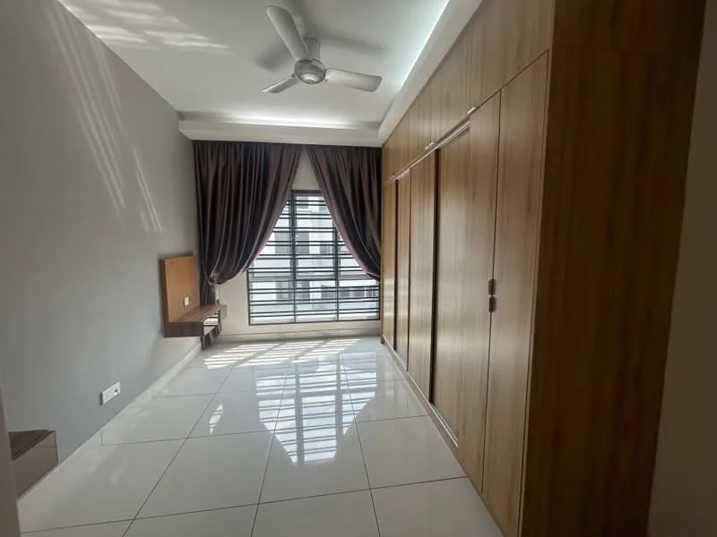 Bedroom features: white painted walls, grey accent wall, glossy white tile flooring, 5-blade ceiling fan, floor-to-ceiling windows, sheer curtains, built-in wardrobe with sliding doors, wooden wall-mounted shelf, natural light from window; style: modern.