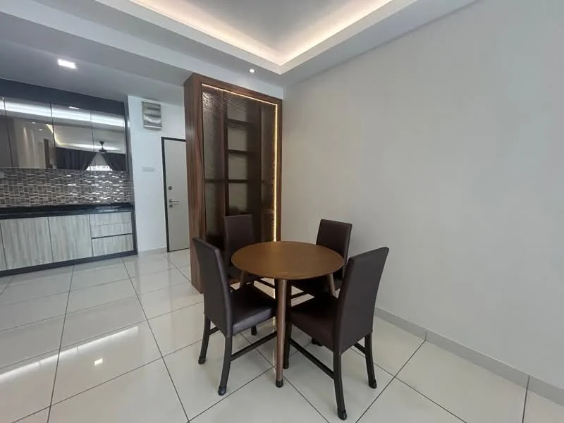 Dining features: round wooden dining table, 4 upholstered dining chairs in brown, white painted walls, recessed ceiling lights, glossy tile flooring, built-in cabinetry in background, glass-front cabinet, kitchen area visible in background; style: modern.