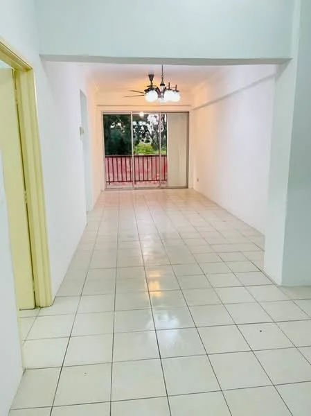 Living features: white painted walls, glossy tile flooring, 5-blade ceiling fan with light, sliding glass door, balcony access, natural light from large windows, neutral color scheme, open layout; style: modern; view: garden.