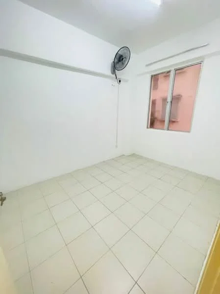 Room features: white painted walls, plain ceiling, floor-to-ceiling windows, ceramic tile flooring, 1 wall-mounted split AC, no visible furniture or decor; style: minimalist.