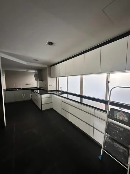 Kitchen features: black granite countertop, white flat-panel cabinets, stainless-steel sink, chrome pull-down faucet, built-in oven, ceramic tile flooring, recessed downlights, floor-to-ceiling windows, open shelving, kitchen island, sliding glass door; style: modern.