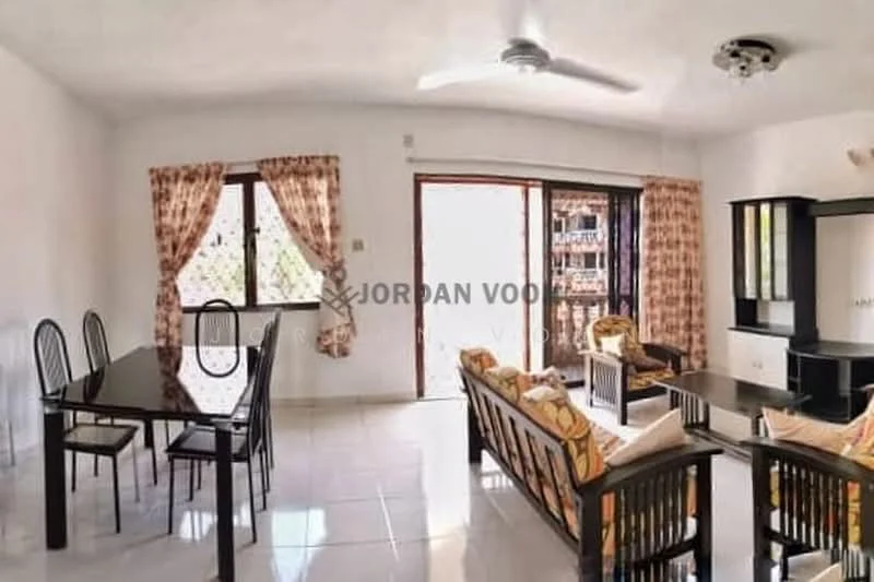 Living features: white painted walls, glossy tile flooring, 5-blade ceiling fan with light, large sliding glass door, curtains with floral pattern, sofa with floral upholstery, wooden coffee table, wooden TV console, dining table with black finish, 4 black dining chairs, decorative wall mirror; style: modern.